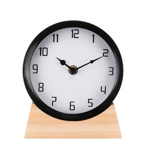Metal & Wood Table Clock Decor Black With Wooden Base New